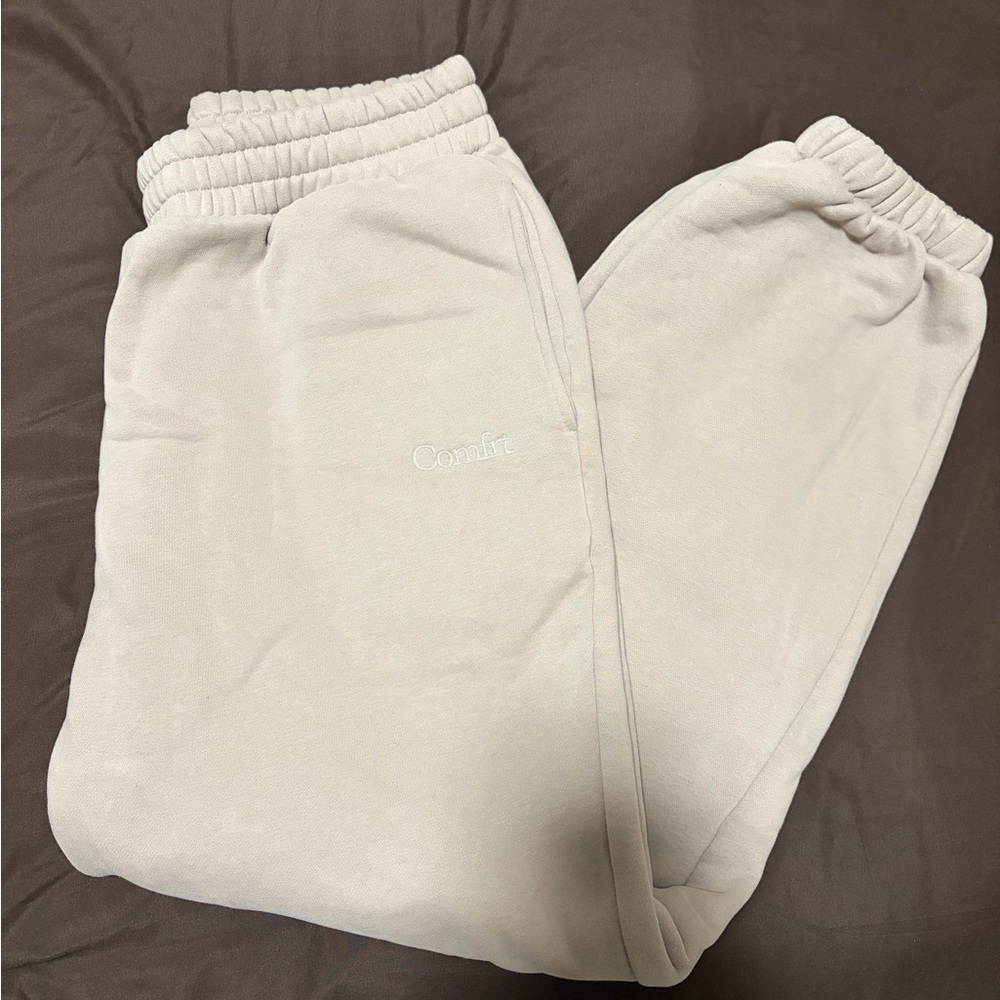 Cream Women's Cozy Track Joggers with Subtle Embroidery